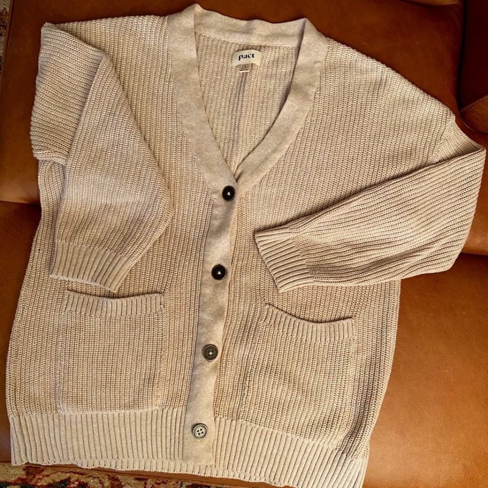 Pact | Organic Cotton Sandshell Heather Fisherman Button-Front Cardigan- Size M